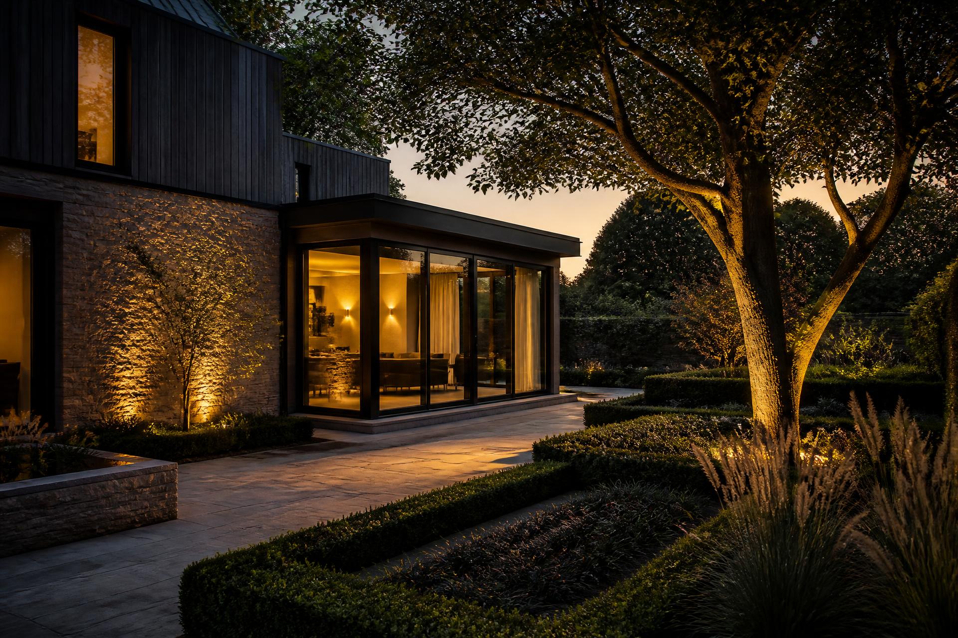 Contemporary home extension and landscaped garden at golden hour