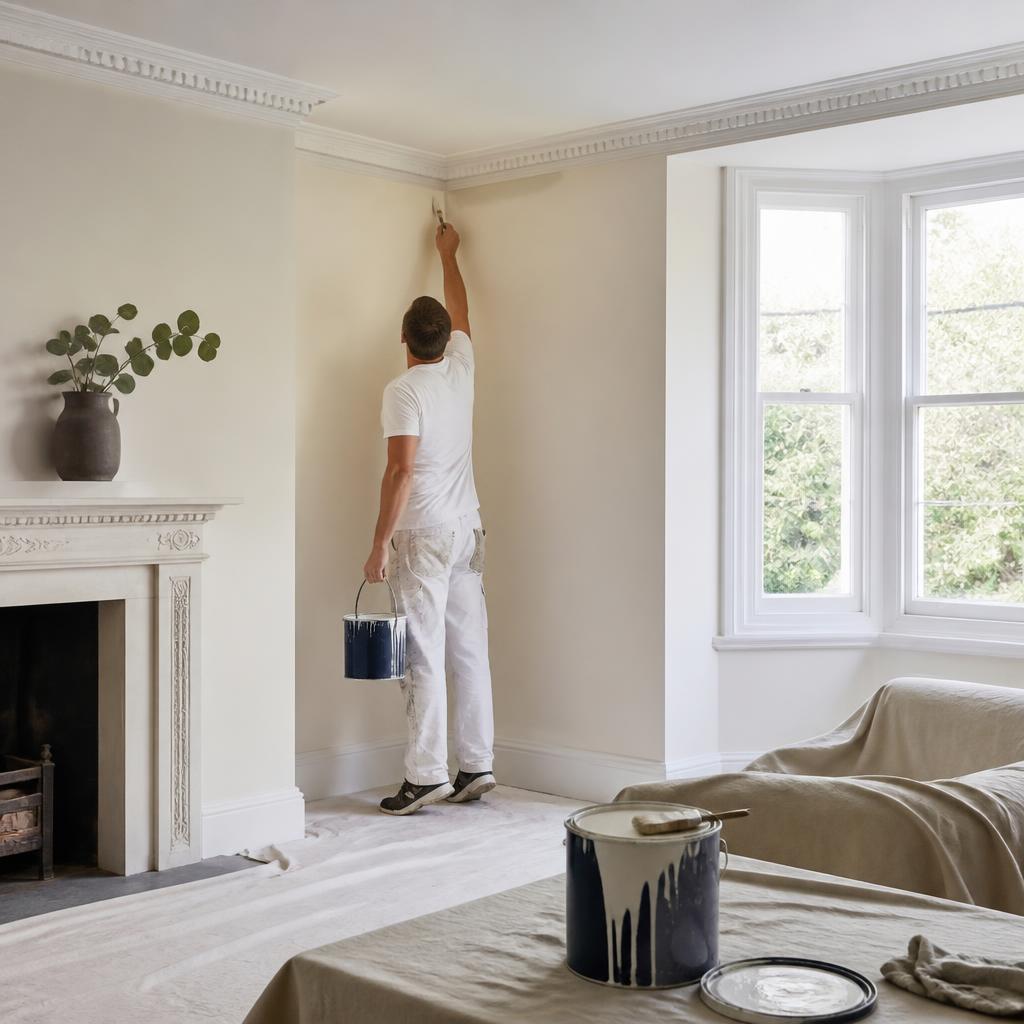 Decorator painting a freshly plastered living room wall